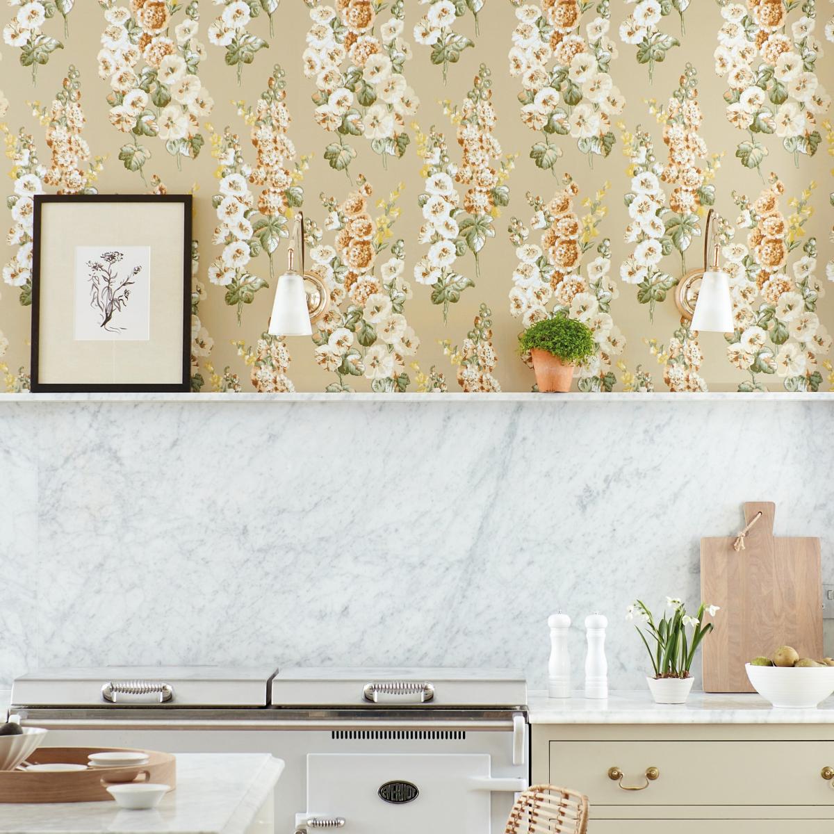 Hollyhocks Wallpaper 217034 by Sanderson in Gold Metallic Tan Roll – image 2