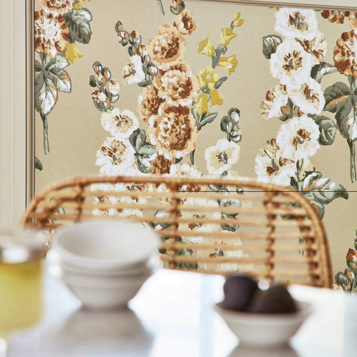 Hollyhocks Wallpaper 217034 by Sanderson in Gold Metallic Tan Roll – image 3