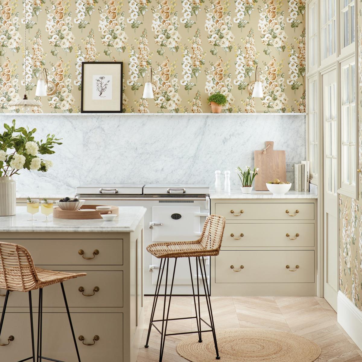 Hollyhocks Wallpaper 217034 by Sanderson in Gold Metallic Tan Roll – image 1