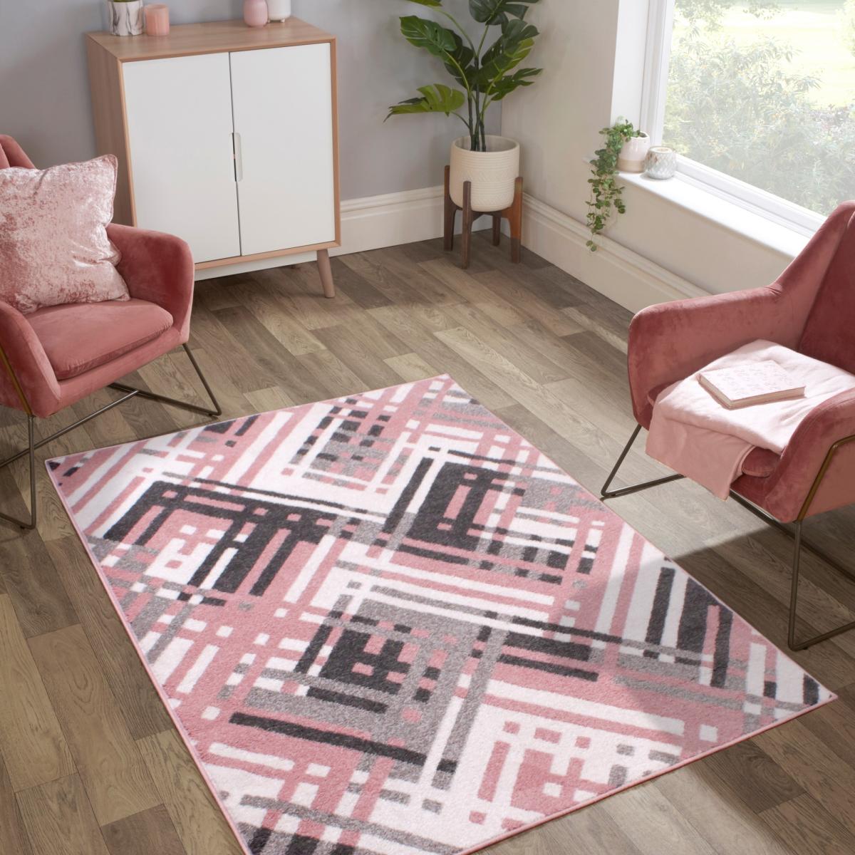 Chevron Diagonal Stripe Geometric Rug in Blush Pink – image 1