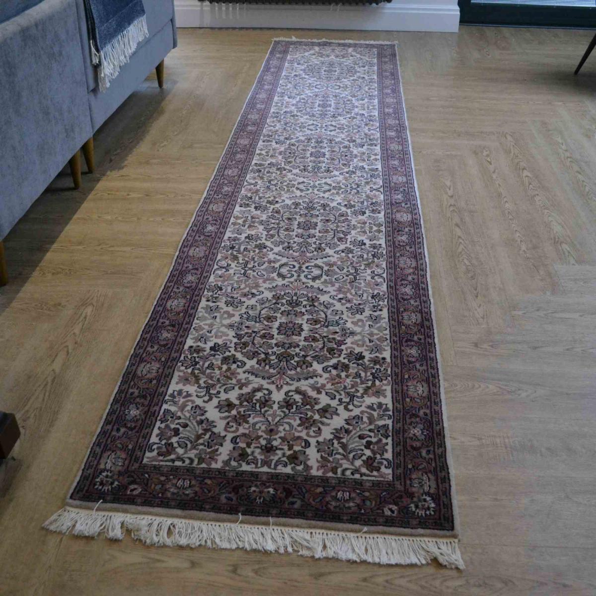 Sarouck Traditional Hand Knotted Wool Runner Rug in Beige Rose Pink 80x384cm – image 1
