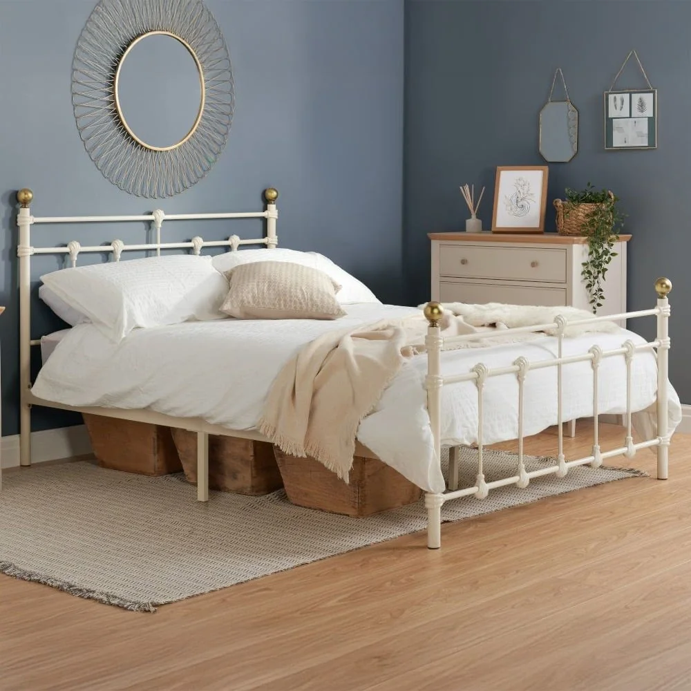 Atlas - Double - Cream Metal Bed Frame with Antique Brass Finials - Double - Happy Beds