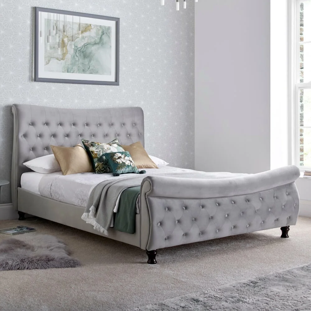 Oxford - Super King Size - Sleigh Bed - Grey - Velvet - 6ft - Happy Beds