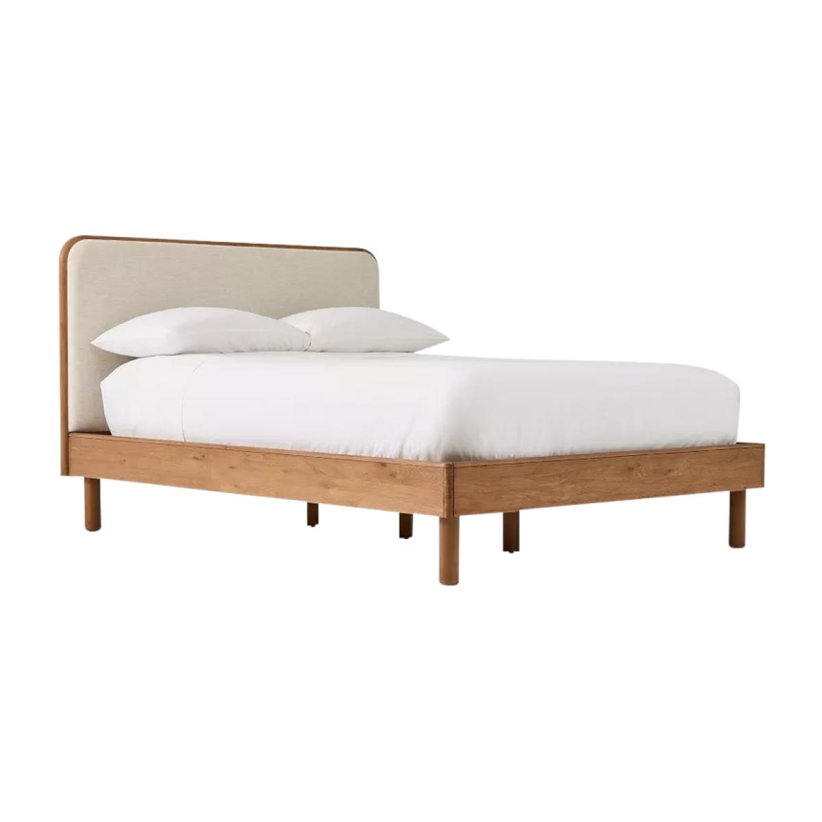 west elm Miles Wood & Upholstered Bed Frame, King Size, Twill Sand Toasted Oak – image 1