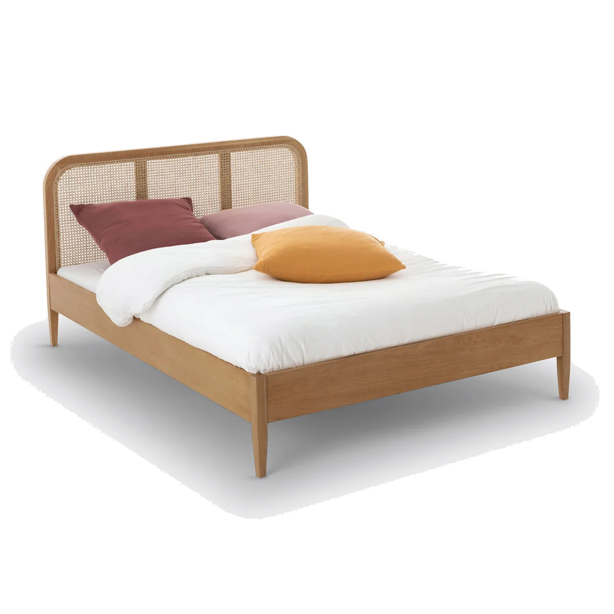 Madara Oak Veneer Rattan Cane Bed with Headboard and Bed Base – image 1
