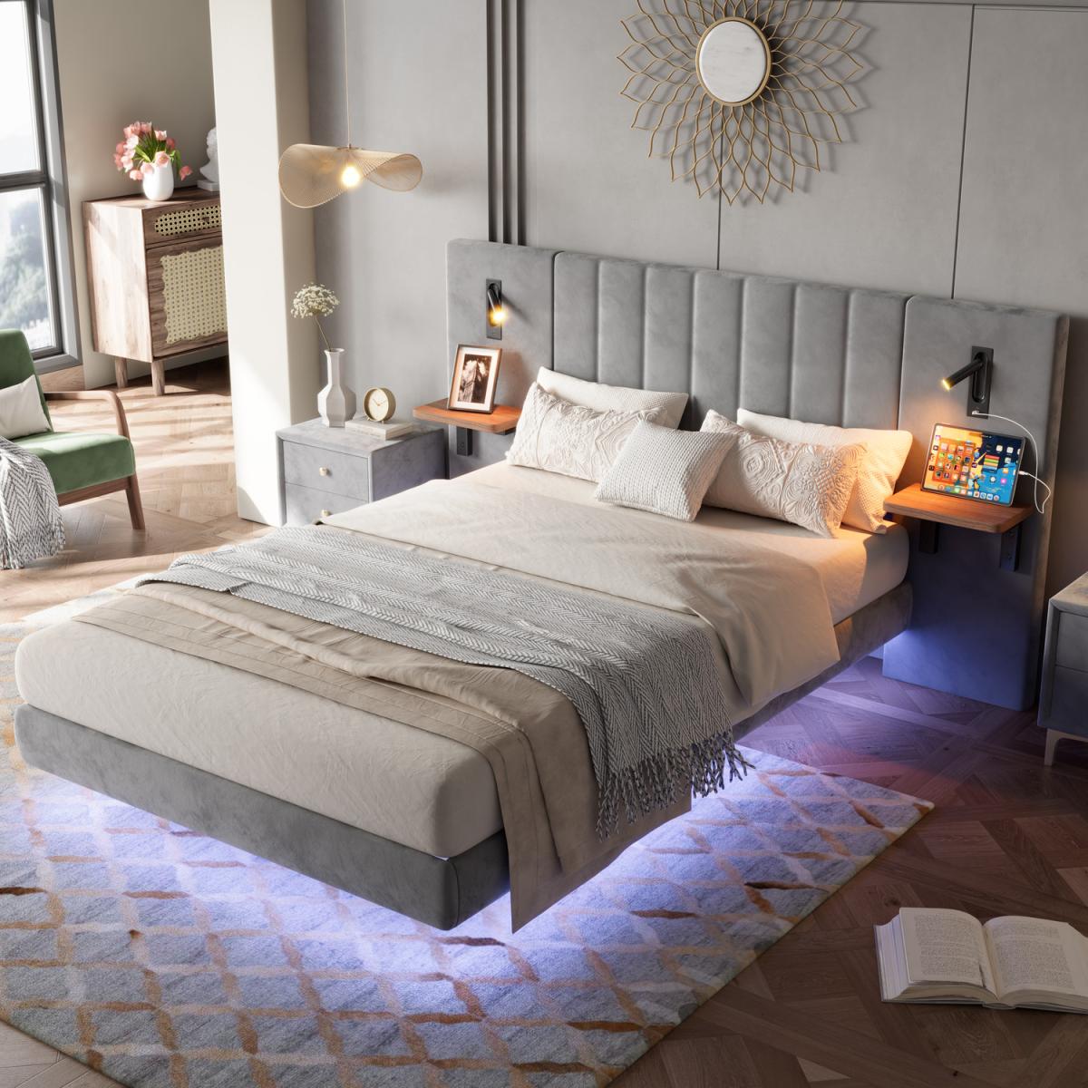 Upholstered Bed with Bedside Lamps Charging Socket and Light Strip - Grey
