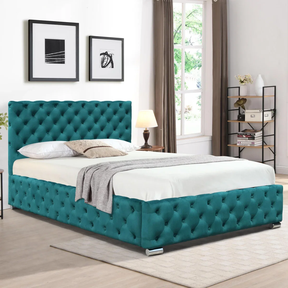 Tufted Fabric Bed Frame In Grey Or Green In 3ft, 4ft6 or 5ft - Green / Double / No