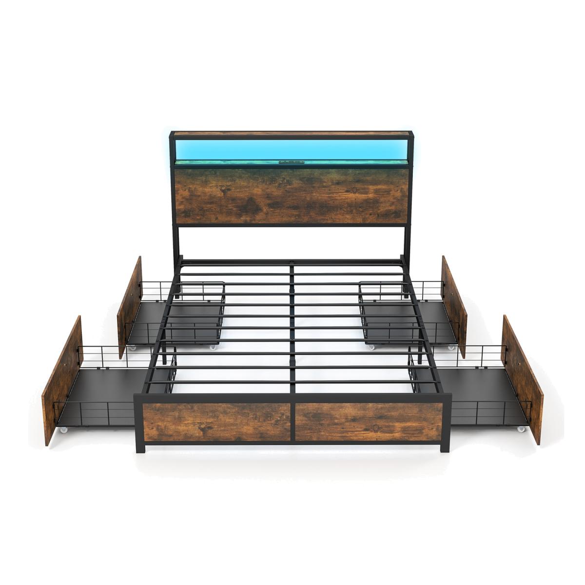 Double Size Bed Frame with LED Lights Headboard - Brown