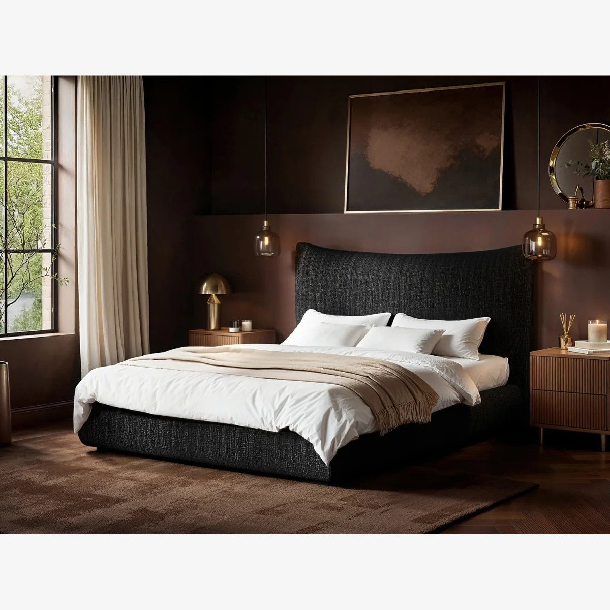Miller Curved Headboard Bed Black Chenille - Black