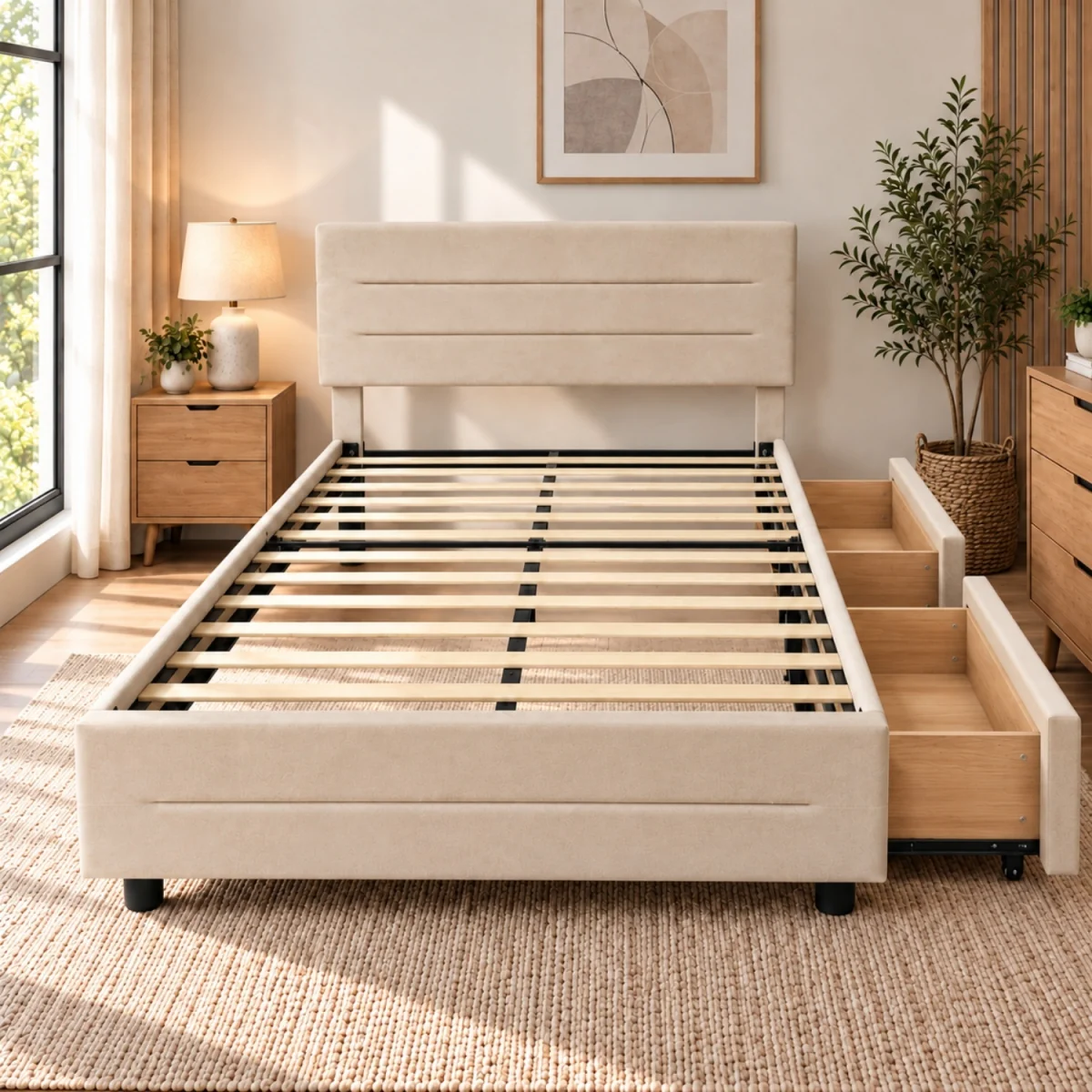 Velvet Upholstered Platform Bed Frame with Adjustable Headboard & 2 Storage Drawers