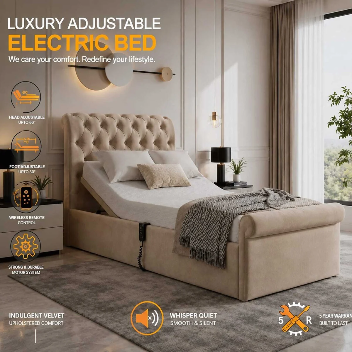 Luxury Electric Adjustable Bed with Chesterfield Headboard & Footboard - Blue / Superking – image 5