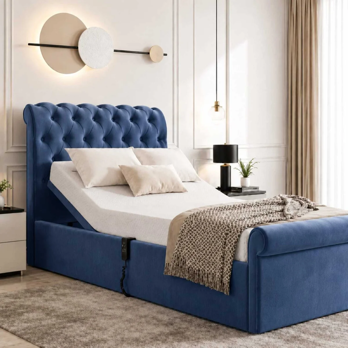 Luxury Electric Adjustable Bed with Chesterfield Headboard & Footboard - Blue / Superking – image 1