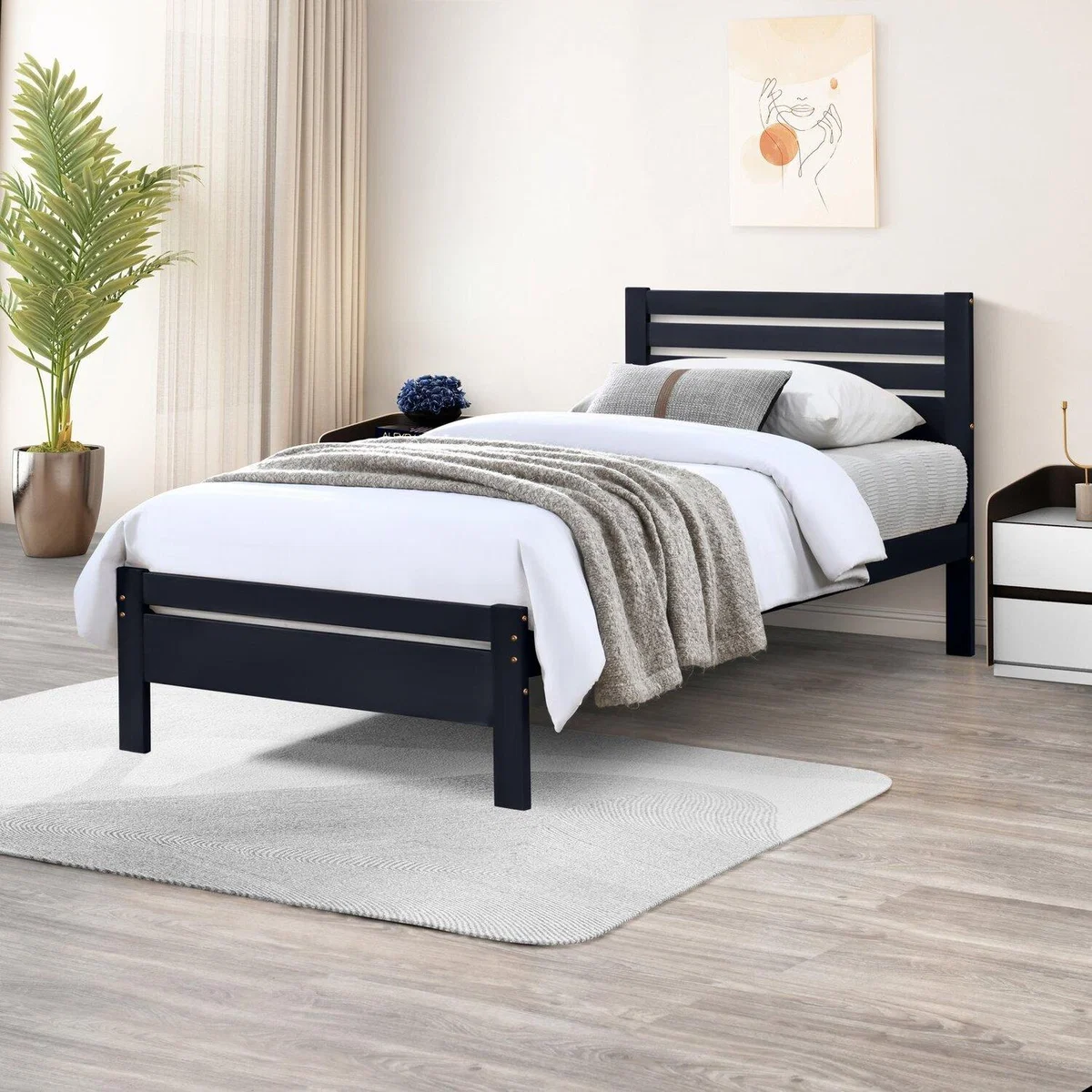 Declan Solid Wood Bed Frame - Dark Grey / Single