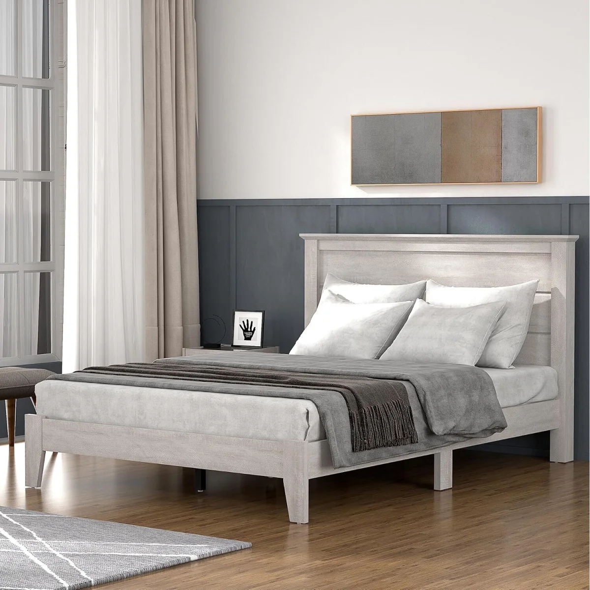 Double Bed Frame with Stylish Wooden Headboard - Grey – image 2