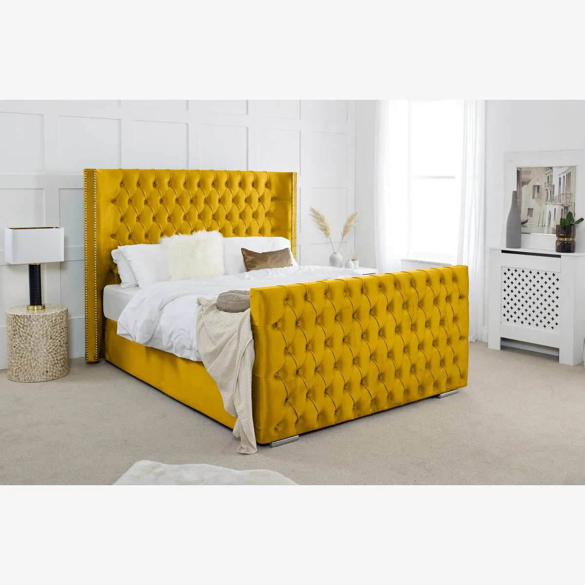 Meila Plush 4 Inch Solid Thick Bed Frame With Winged Headboard - Mustard Gold / Single