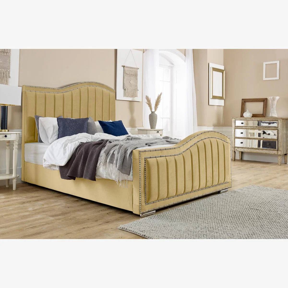 Kendrick Plush 4 Inch Solid Thick Bed Frame With Lined Headboard - Beige / Single