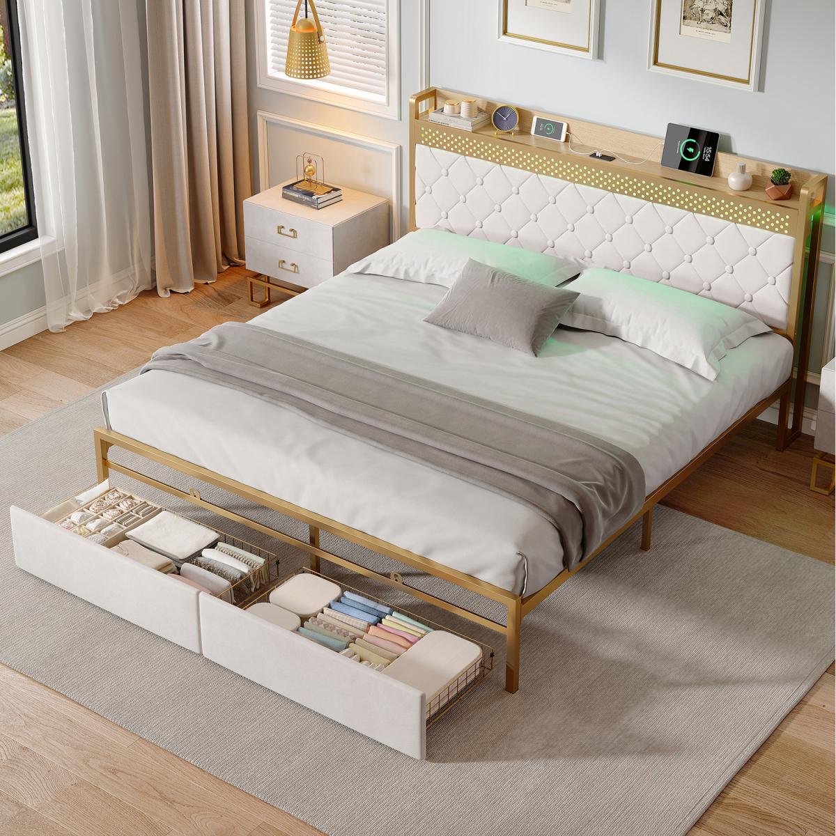 4ft6 Double Bed Frame with 2 Storage Drawers, LED Storage Headboard - Beige