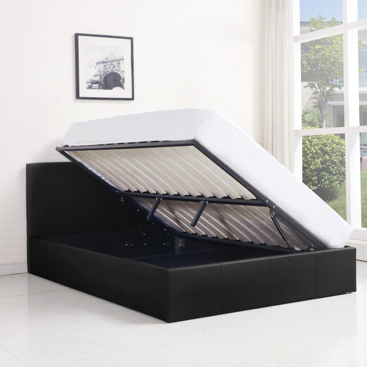 Ottoman Side Lift-Up Leather Storage Bed Frame 3FT Single With Mattress - Black