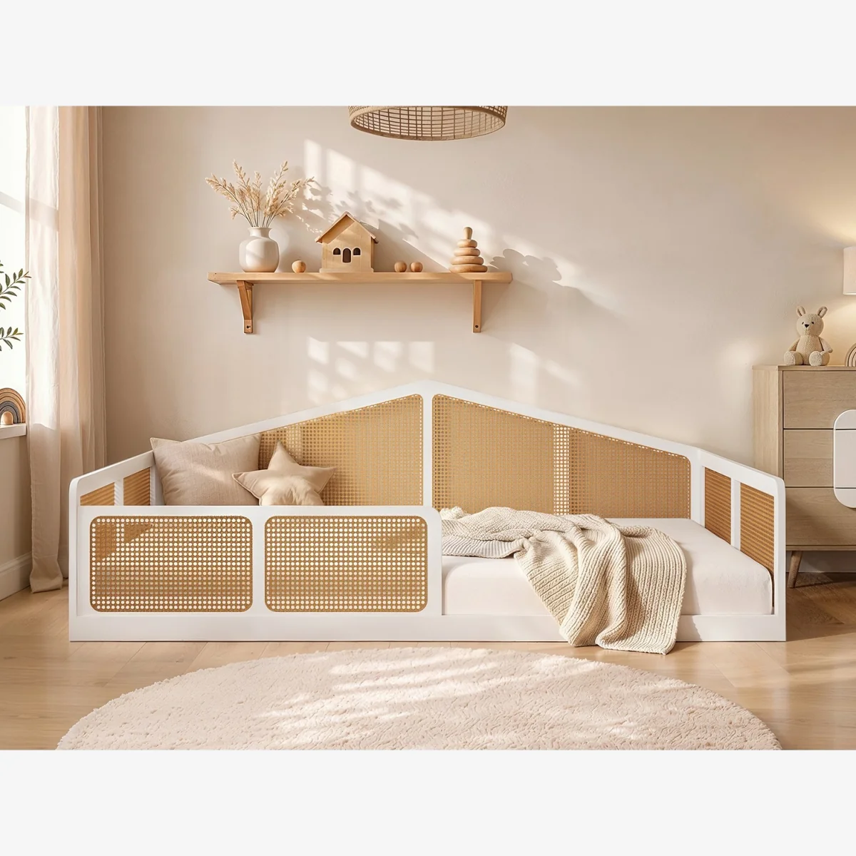 Julian Small Double Montessori Bed with Rattan Panels - White