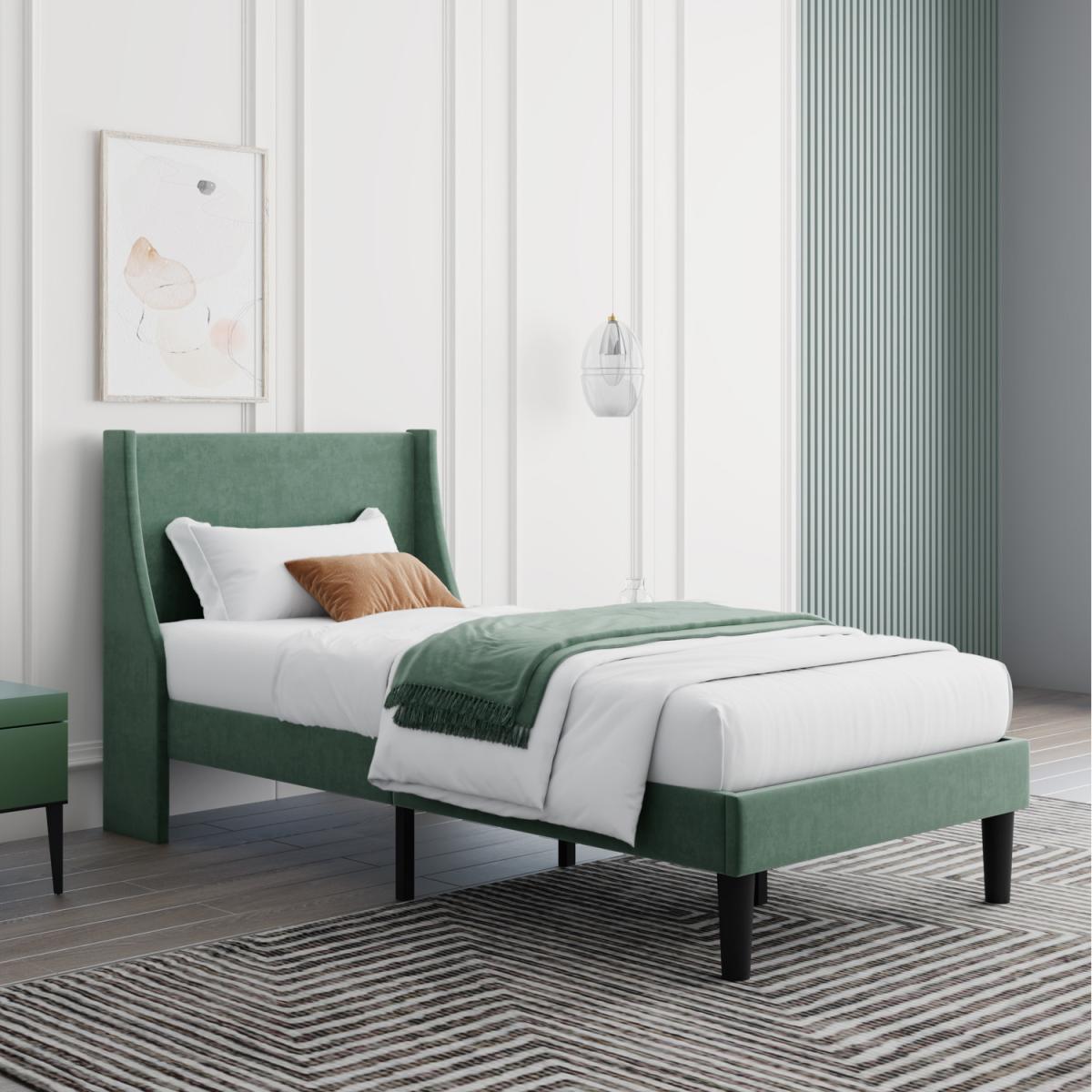 3ft Single Velvet Upholstered Bed with Winged Headboard - Green