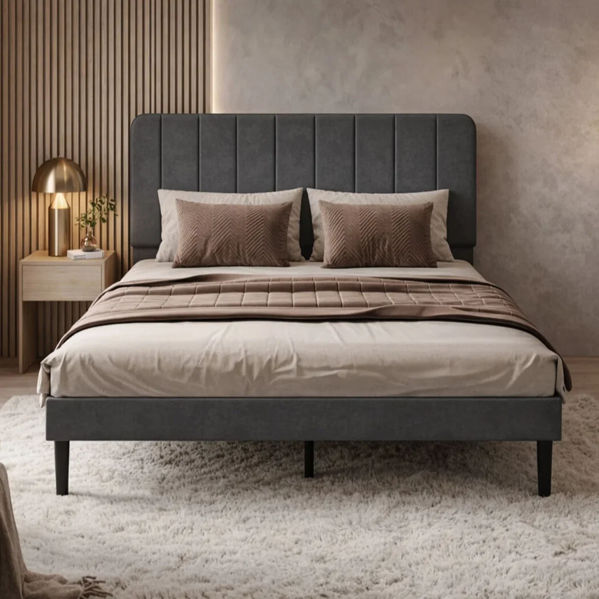 Double Bed Frame with Adjustable Headboard Velvet Upholstered - Brown – image 1