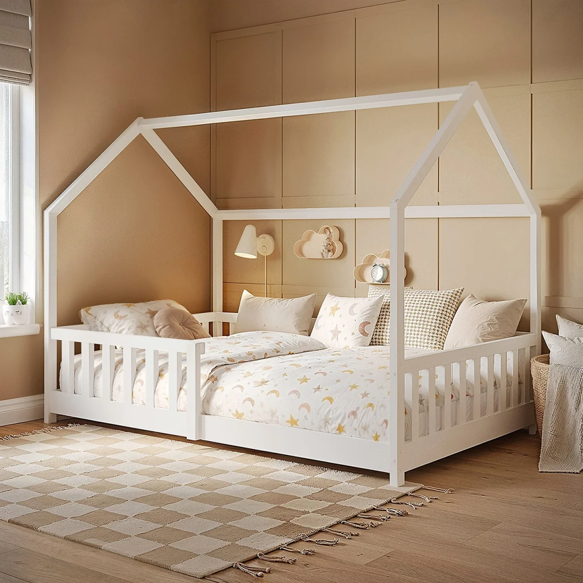 Explorer Small Double Play House Floor Bed with Rails Wooden White - White
