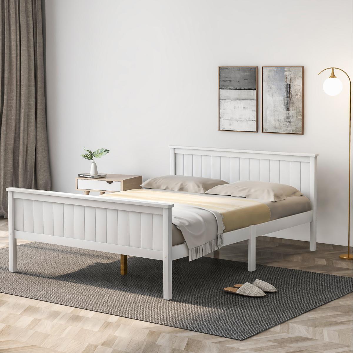 Ivory Pine Wood Bed Frame with Headboard and Footboard - White
