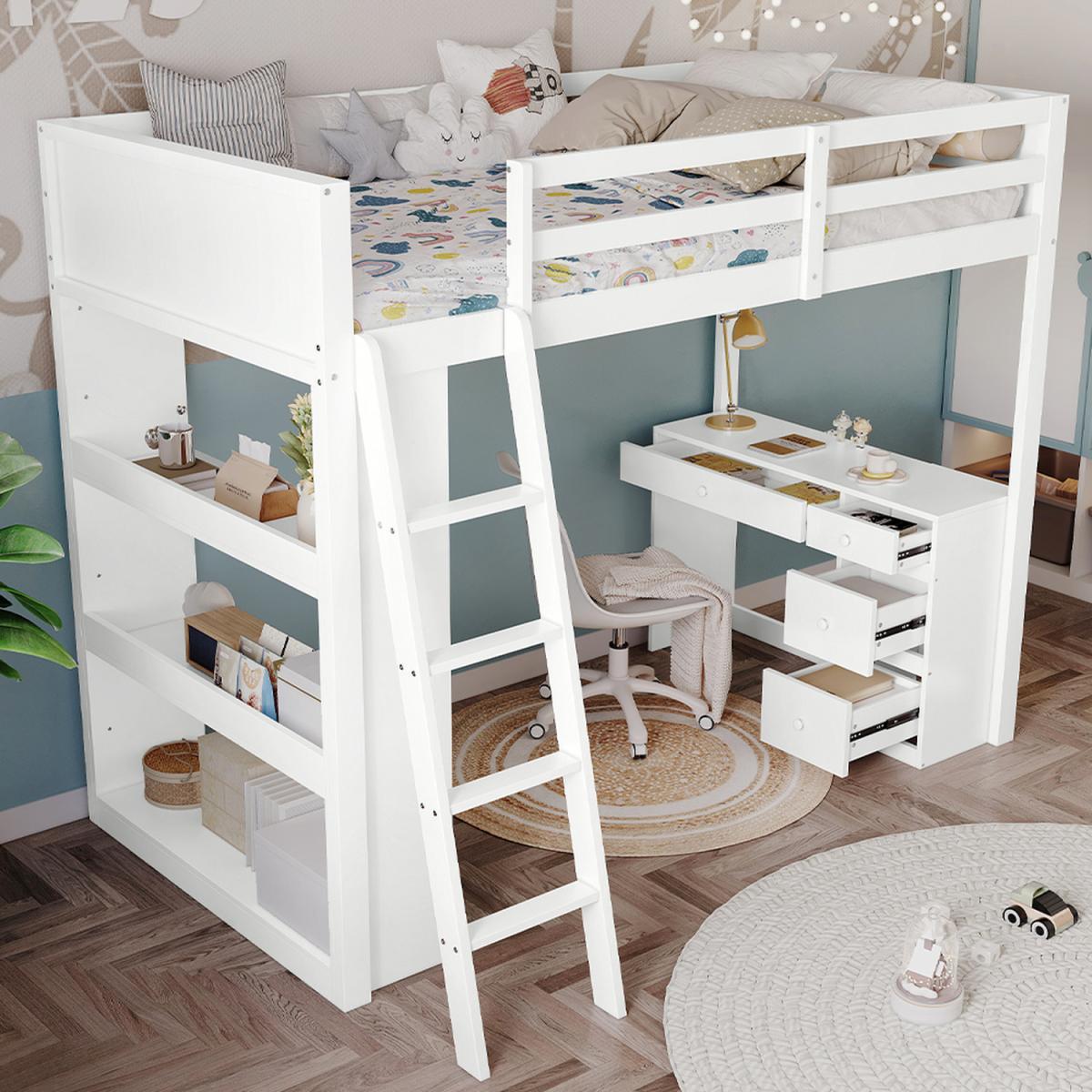 Multi Drawer Wooden Bed with Desk and Step Ladder - White