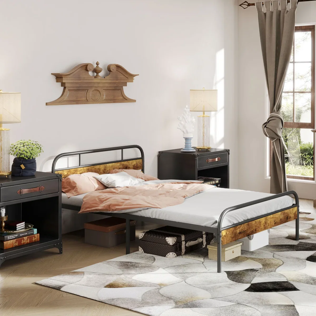 HOMCOM Bed Frame with Headboard Underbed Storage Slat Support - Rustic Brown / Double