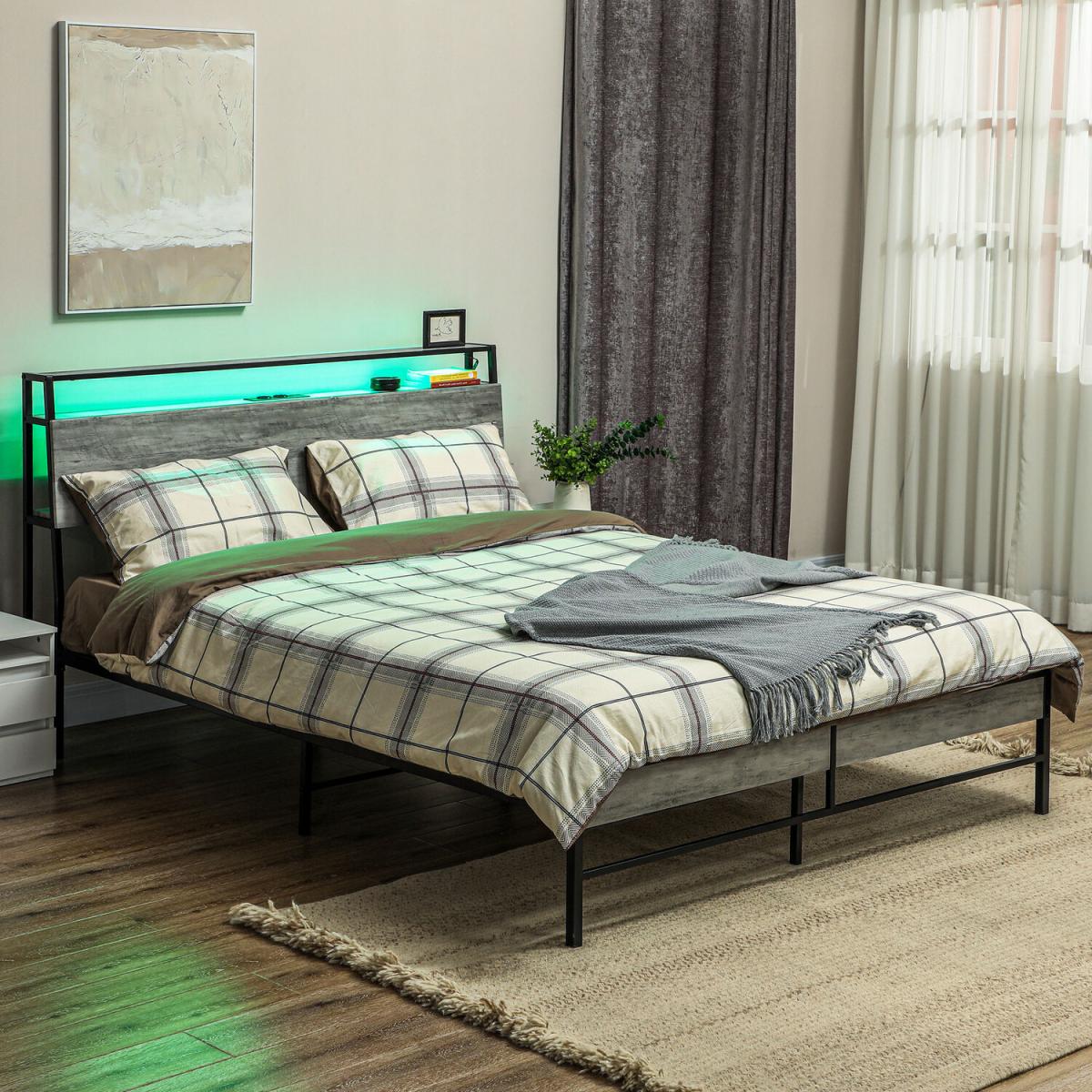HOMCOM Bed Frame with LED Lights Charging Station - Cement Grey / Double