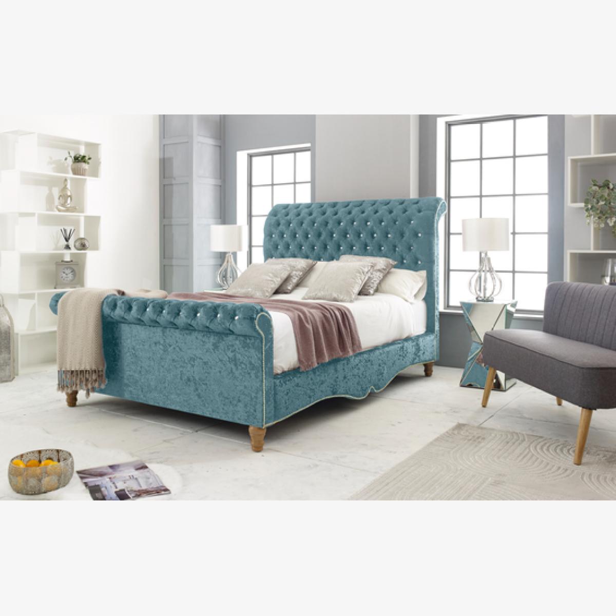 Epsol Crush 4 inch solid thick Bed Frame with Chesterfield Headboard - Duck Egg / Small Double