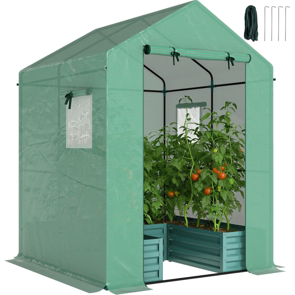 Outsunny Small Greenhouse with Raised Garden Bed, Roll Up Windows - Green – image 2