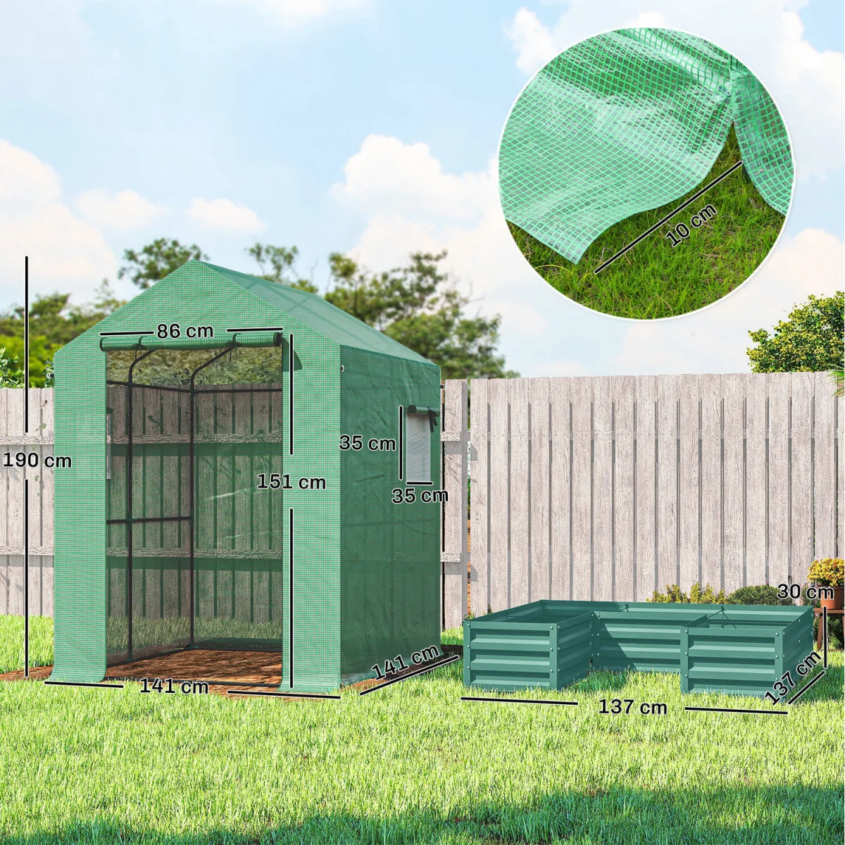 Outsunny Small Greenhouse with Raised Garden Bed, Roll Up Windows - Green – image 3