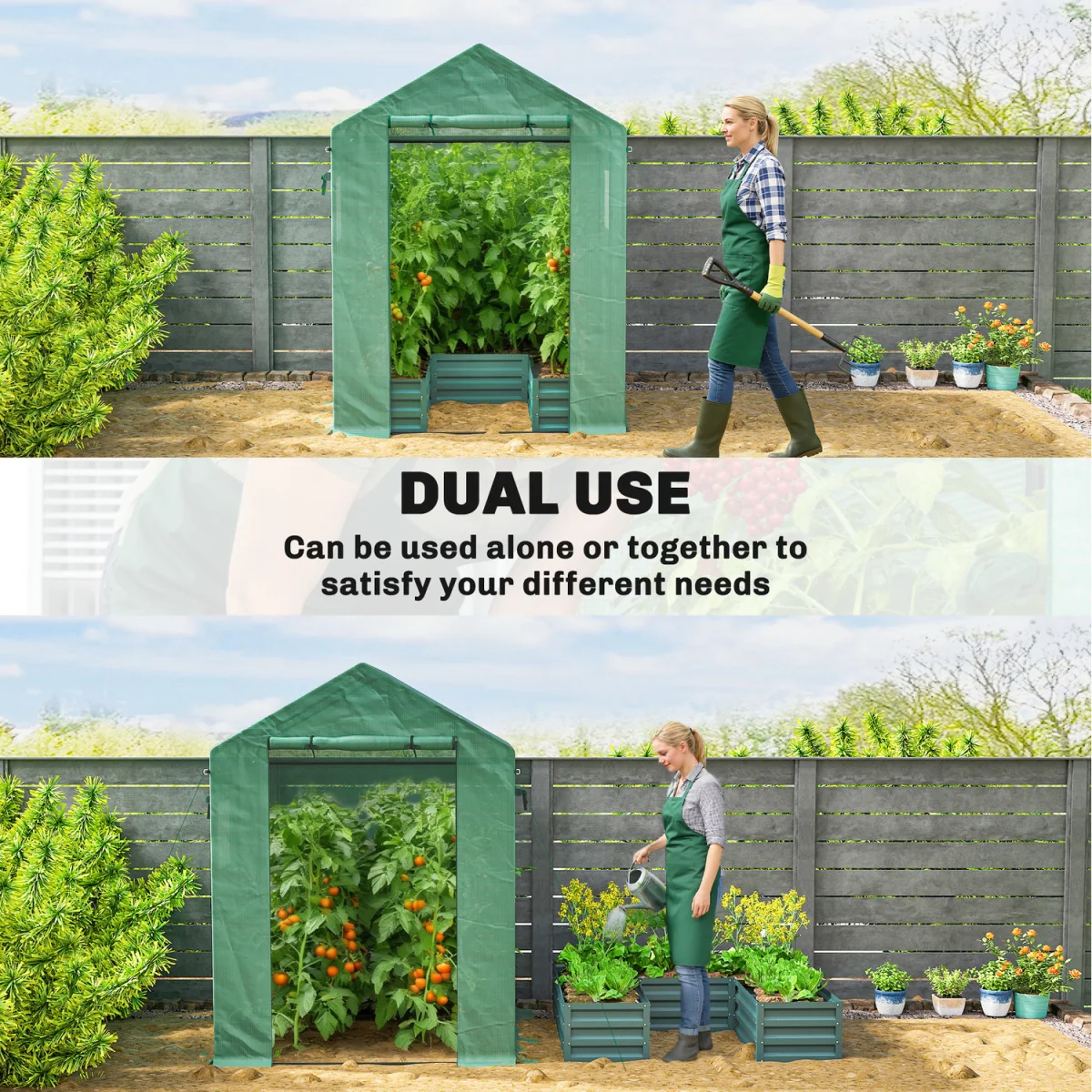 Outsunny Small Greenhouse with Raised Garden Bed, Roll Up Windows - Green – image 4