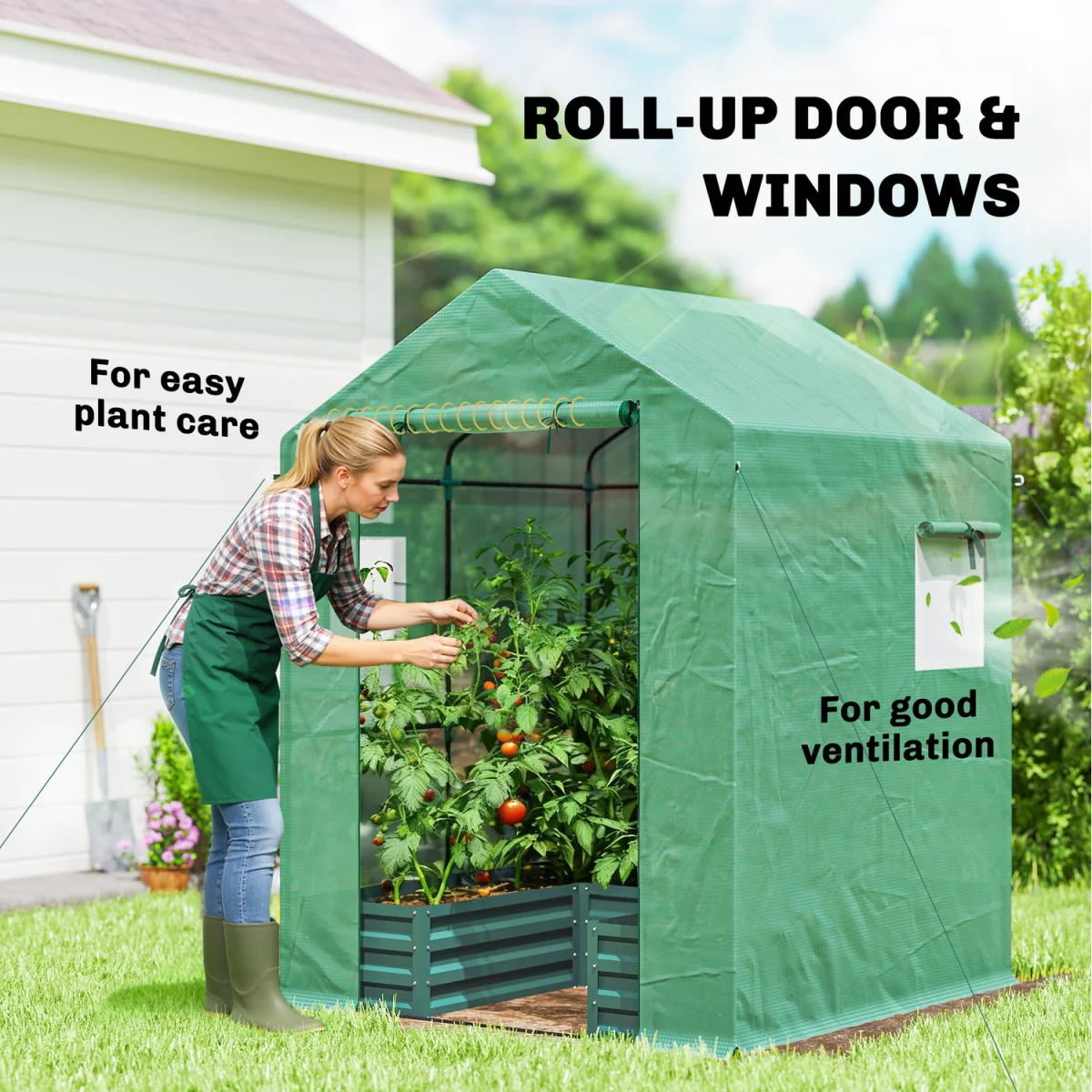 Outsunny Small Greenhouse with Raised Garden Bed, Roll Up Windows - Green – image 7