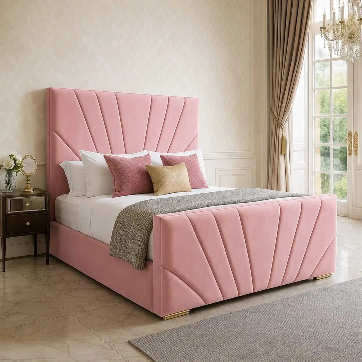 Elegance Upholstered Bed Frame With Headboard & Footboard - Pink / Single – image 1