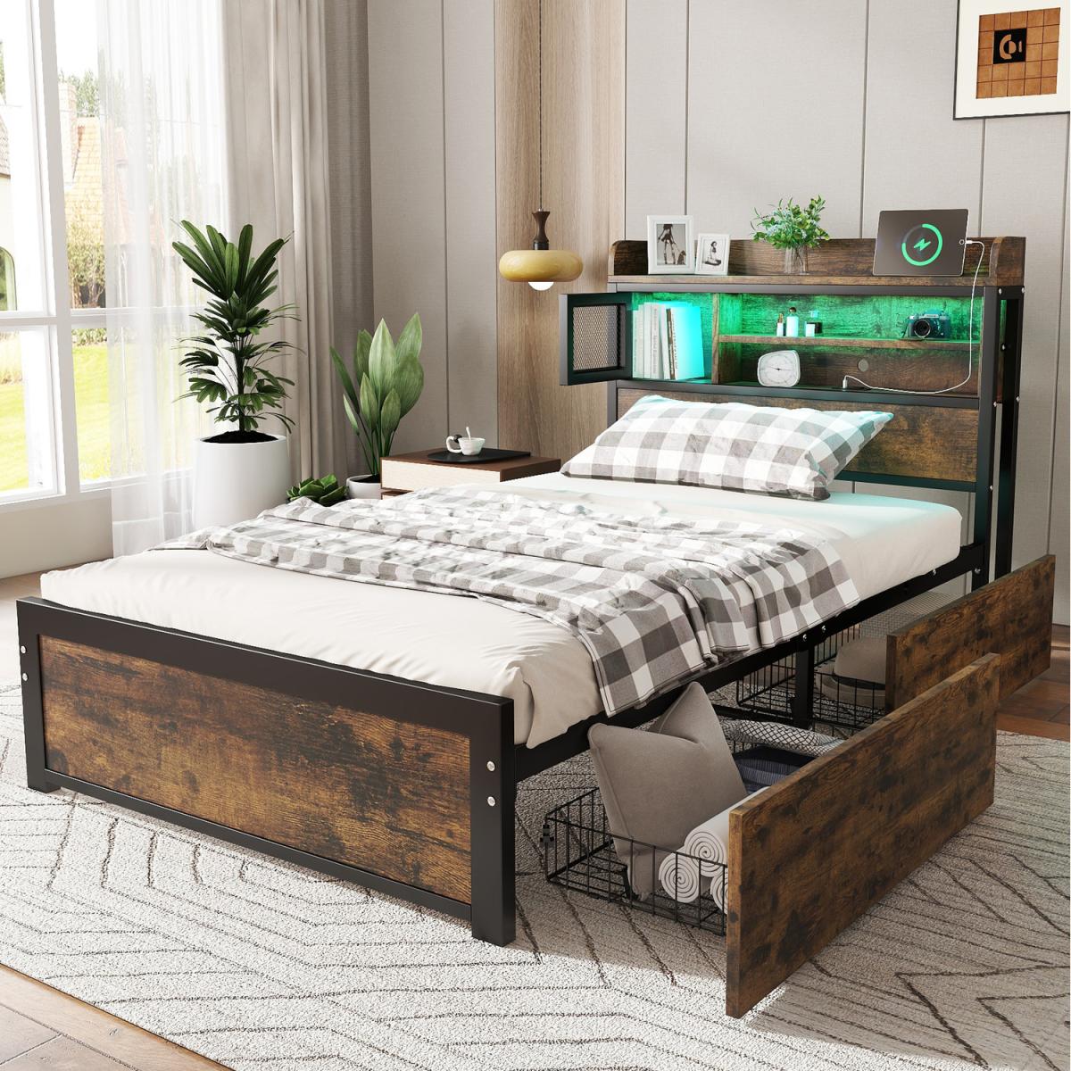 Metal Bed with LED Light Strip and 2 Drawers, 3 Charge Port - Black / Single