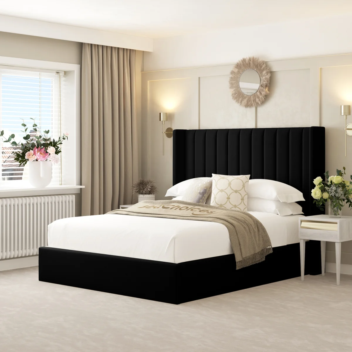 Madison Upholstered Bed Frame with 54" Headboard, Chelsea Mattress & Ottoman Storage – image 1