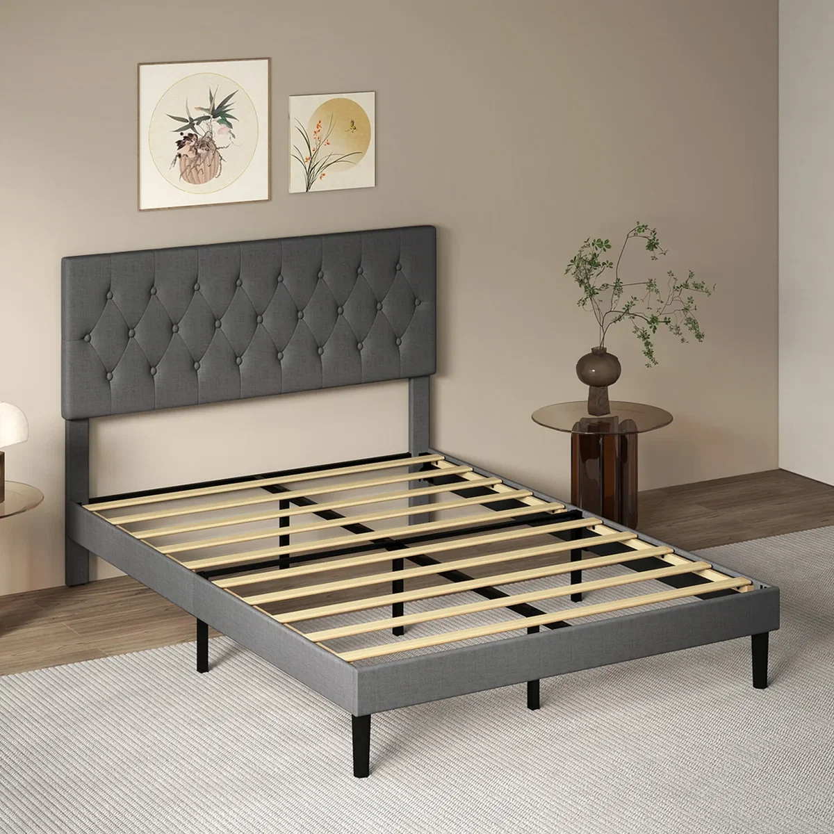 Bed Frame Upholstered Soft Linen Cross Fabric with Headboard - Black / King