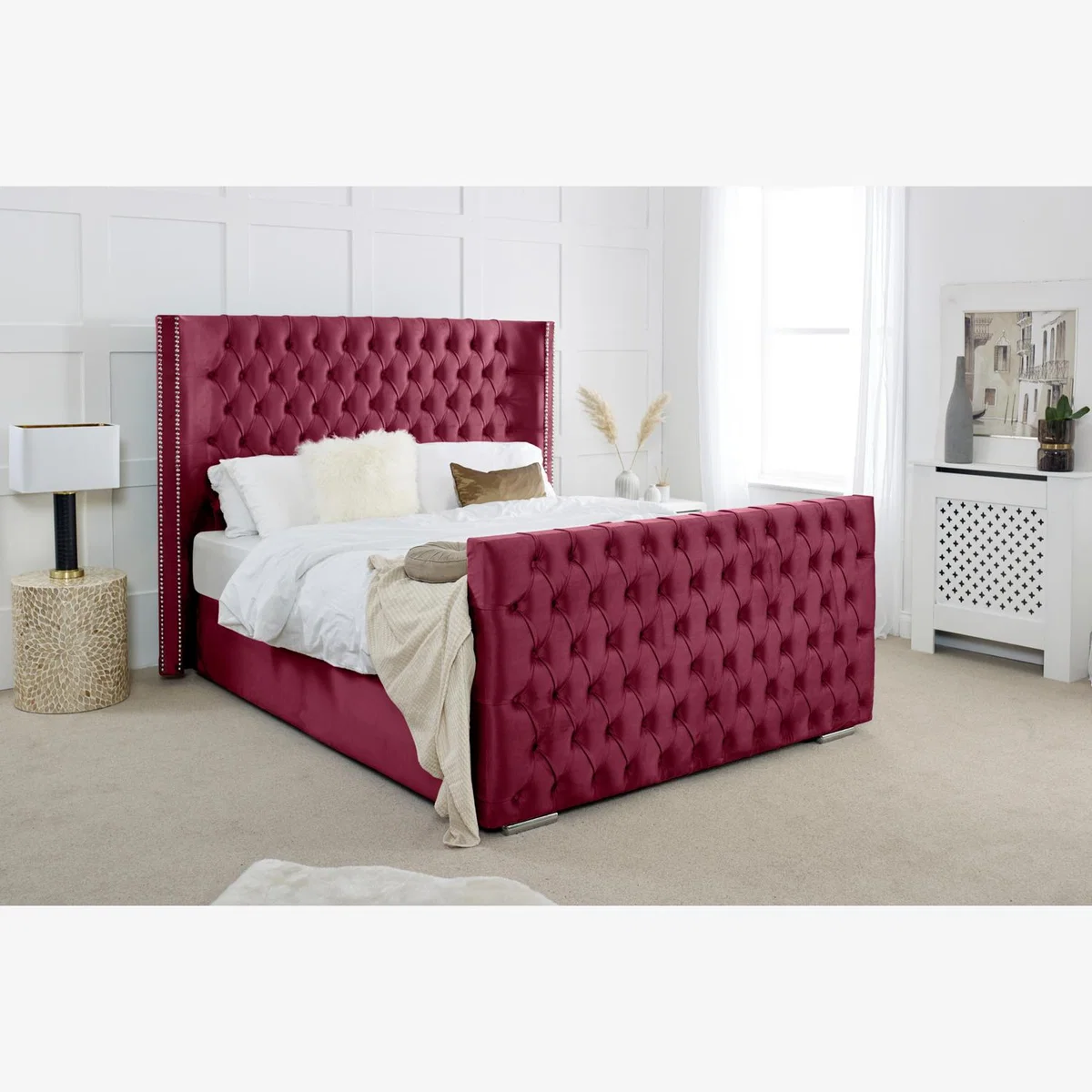 Meila Plush 4 Inch Solid Thick Bed Frame With Winged Headboard - Maroon / Single