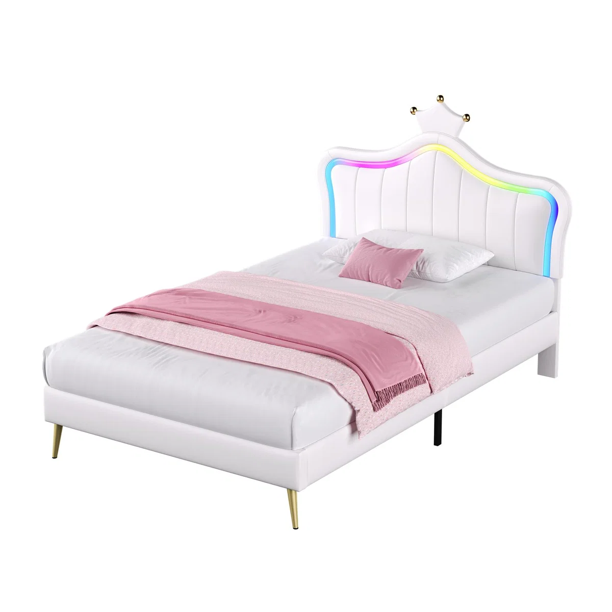 PU Leather Bed Frame with Wood Slat - Cream / Single