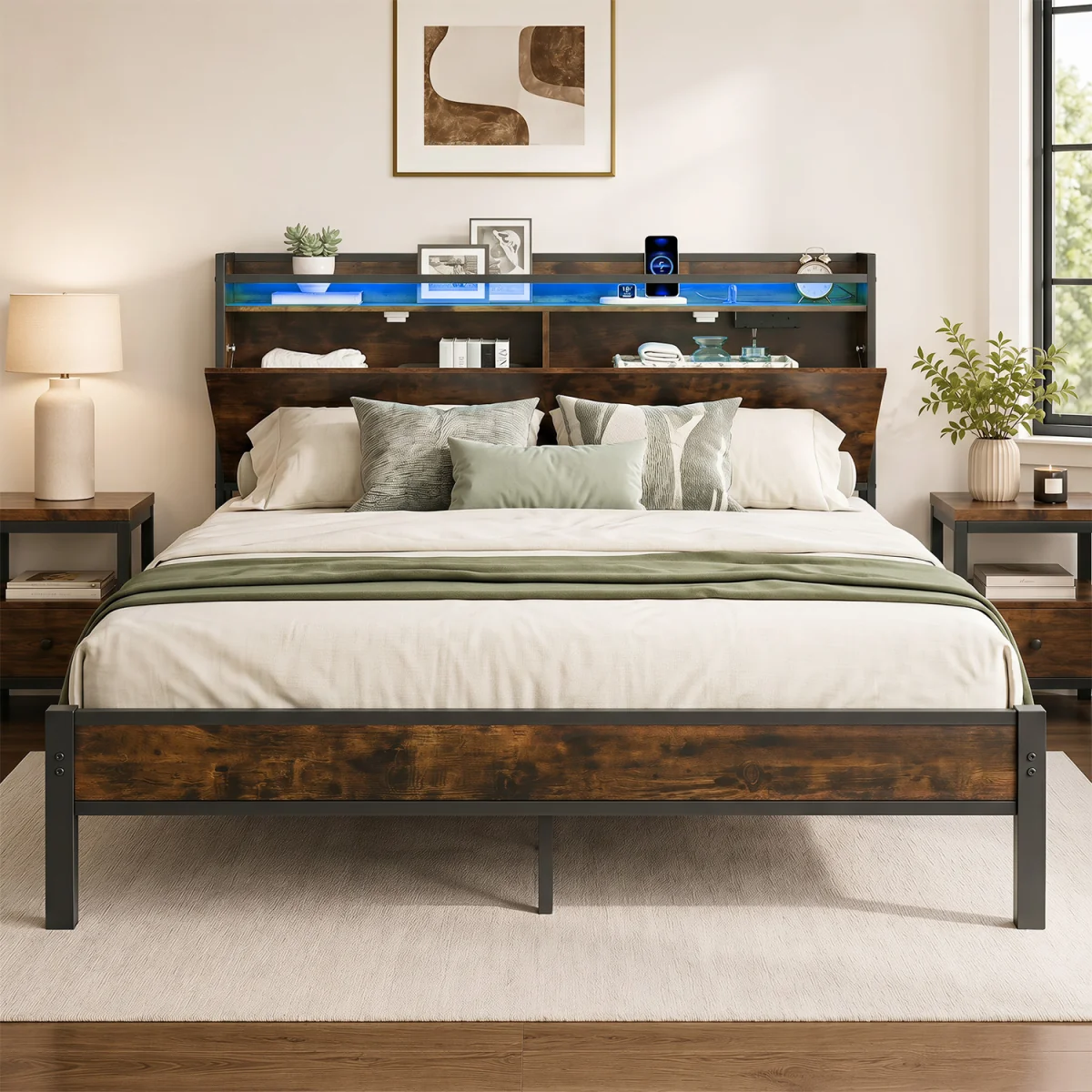 Industrial King Size Bed Frame with Storage Headboard - Black – image 2