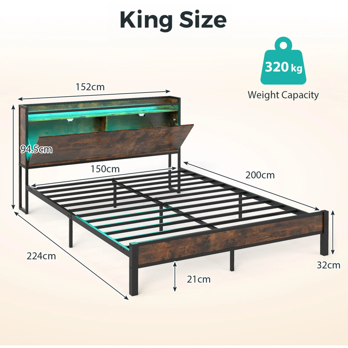 Industrial King Size Bed Frame with Storage Headboard - Black – image 3