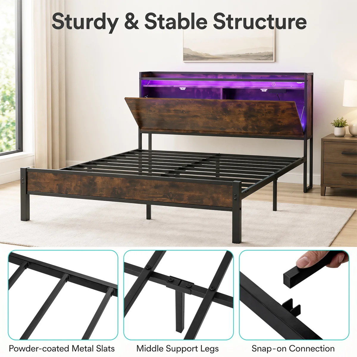 Industrial King Size Bed Frame with Storage Headboard - Black – image 4