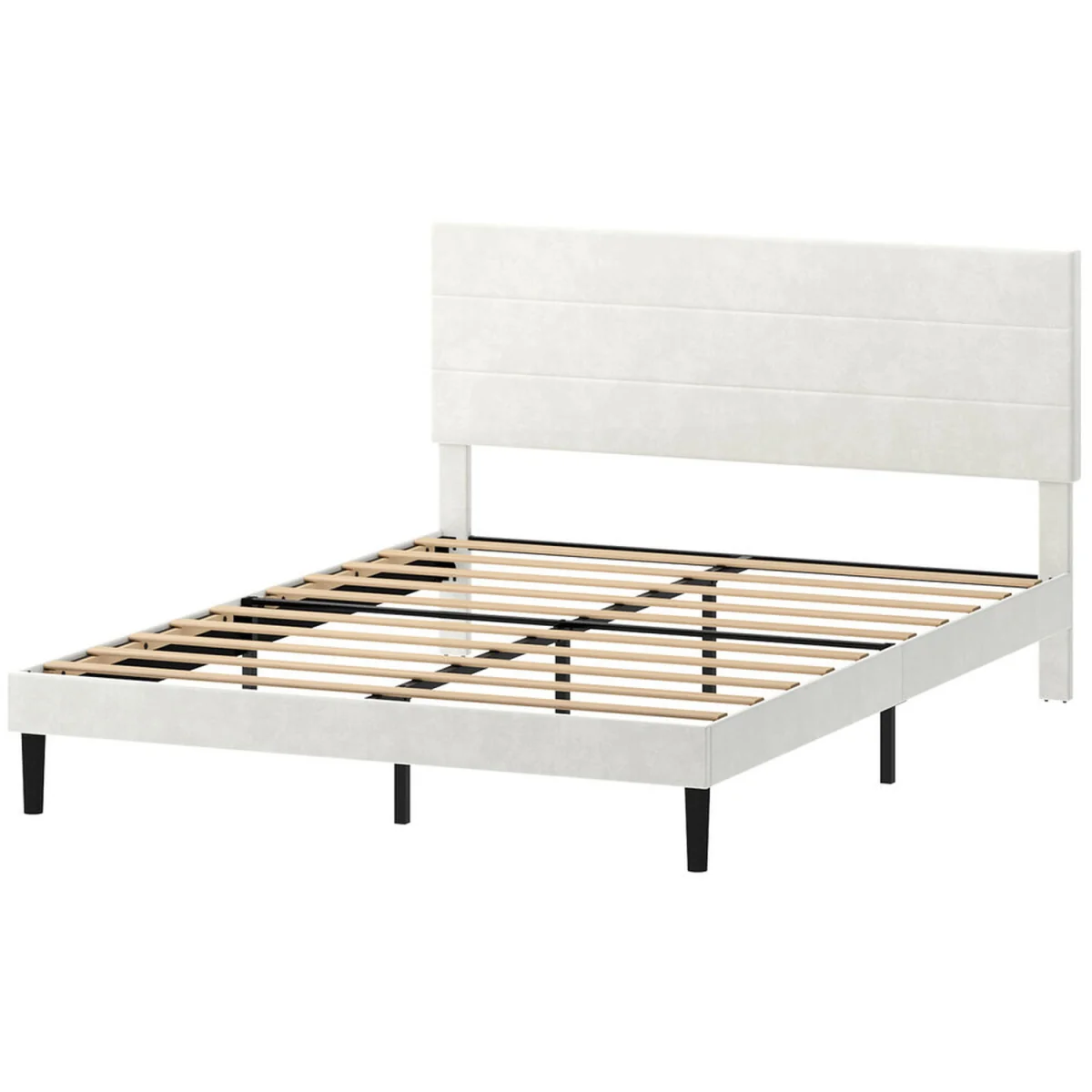Double Bed Frame with Upholstered Headboard Velvet Foam White Fabric - White – image 3