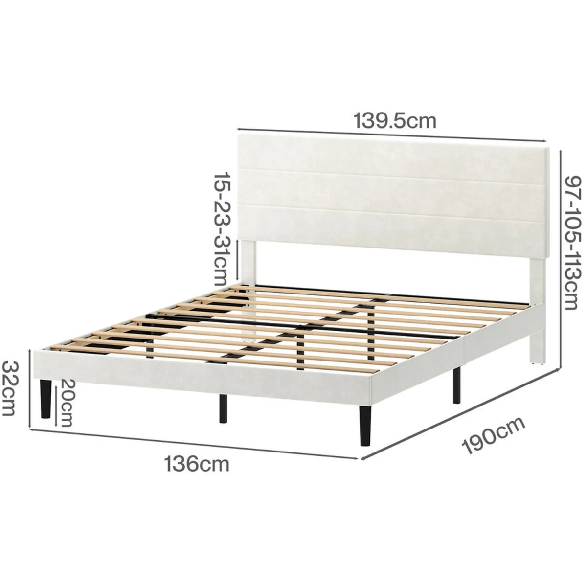 Double Bed Frame with Upholstered Headboard Velvet Foam White Fabric - White – image 4