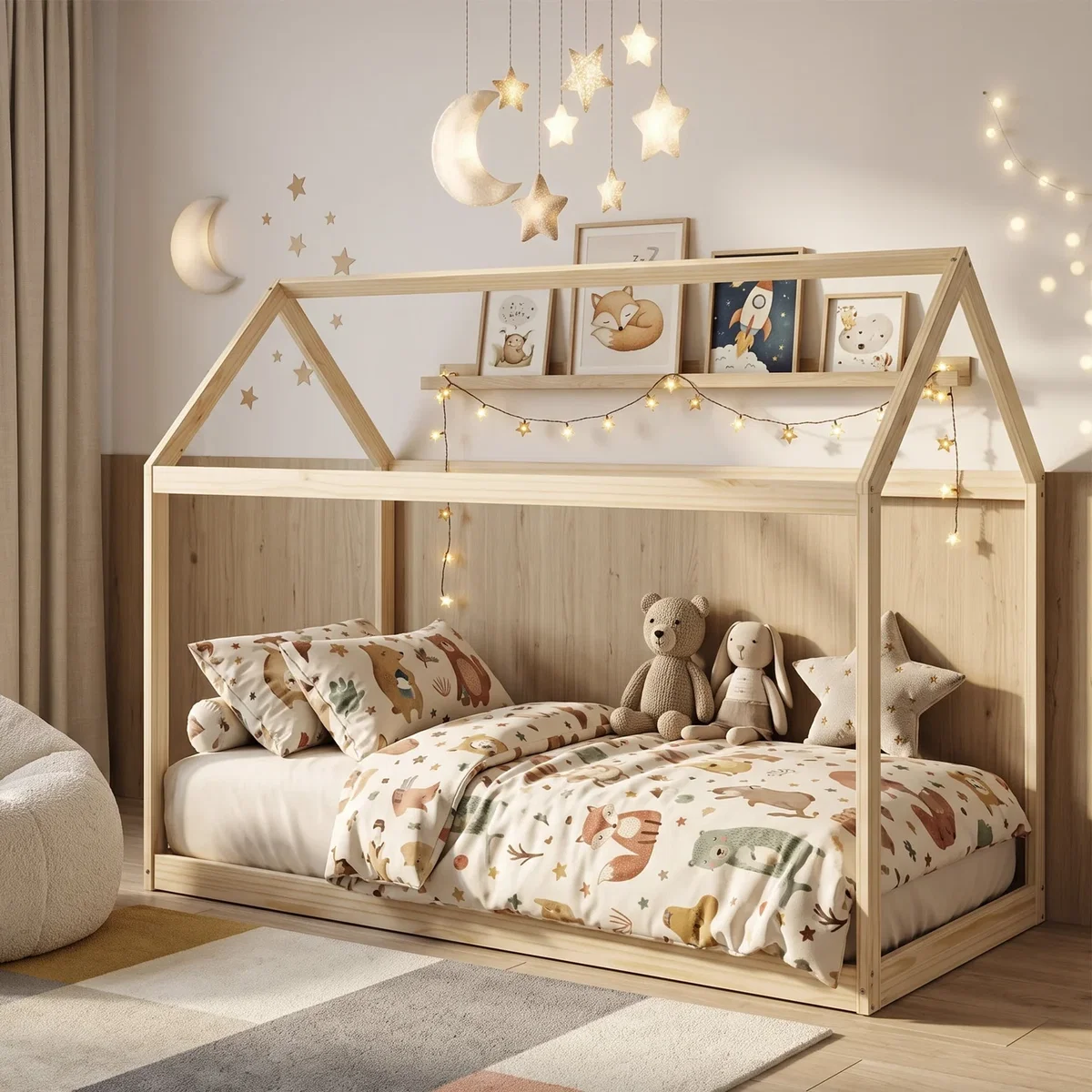 HOMCOM House Style Wooden Single Bed Frame - Natural wood finish – image 1