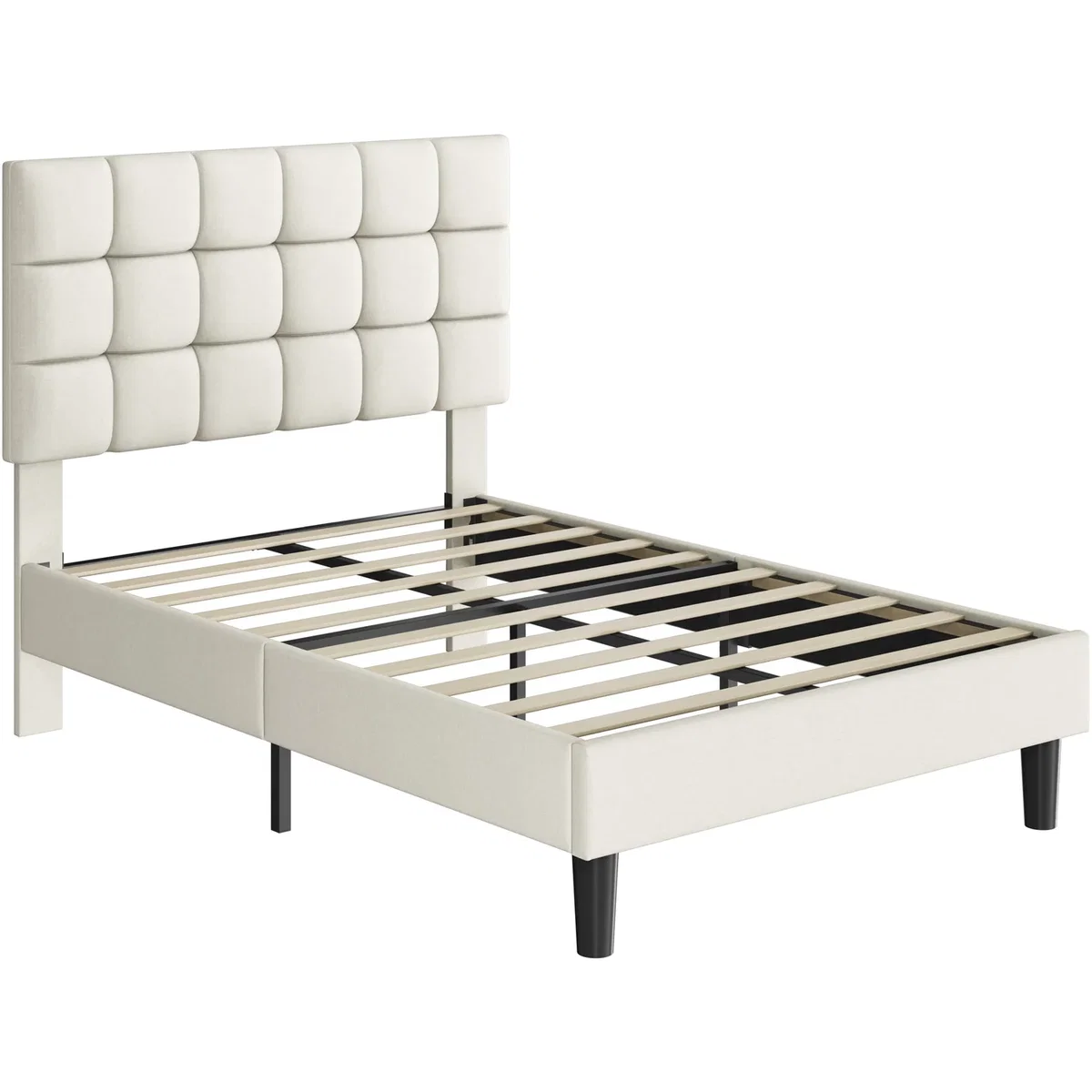 Yaheetech Upholstered Platform Bed with Square Tufted Headboard - Beige / Small Double – image 2