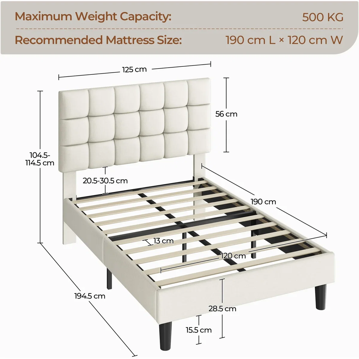 Yaheetech Upholstered Platform Bed with Square Tufted Headboard - Beige / Small Double – image 3