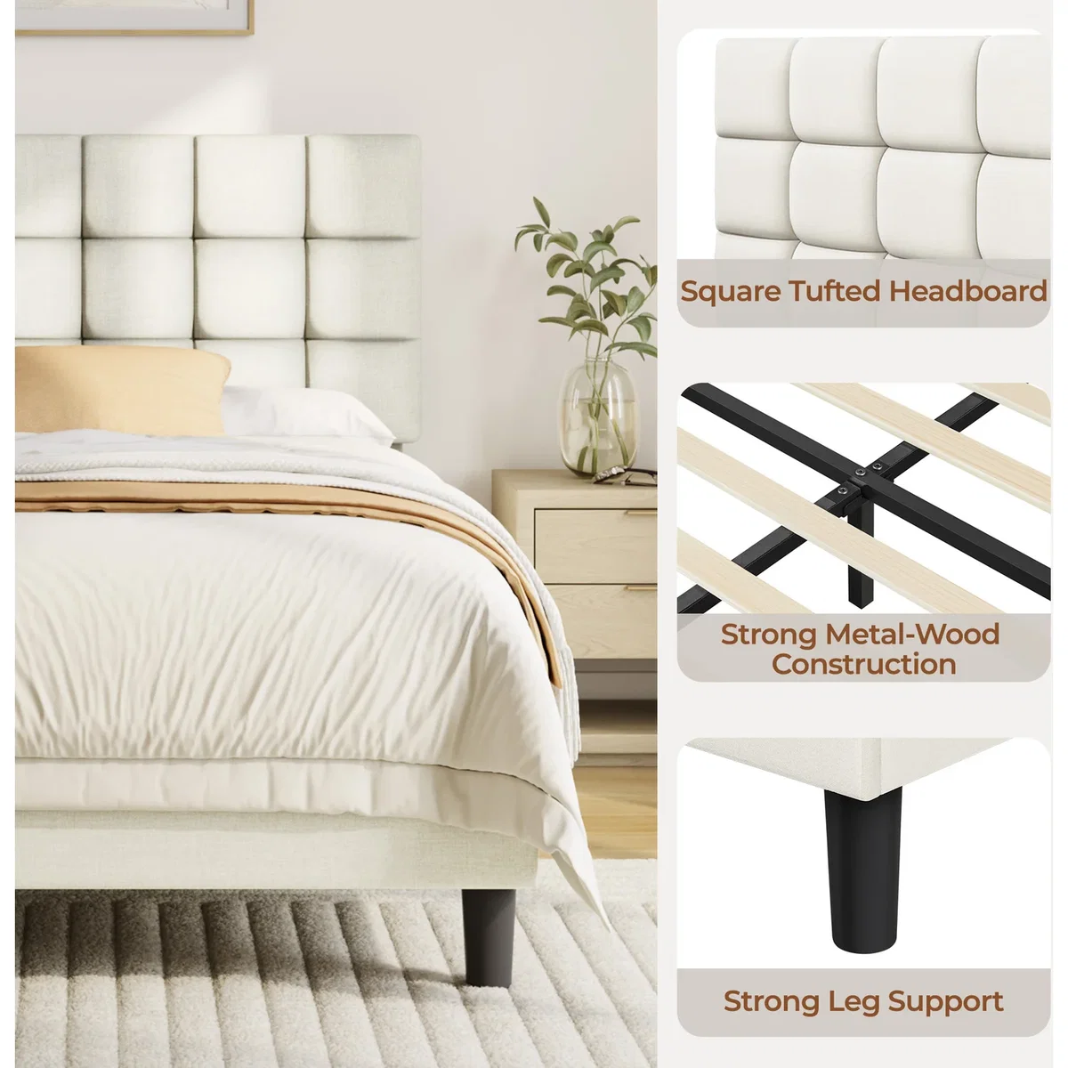 Yaheetech Upholstered Platform Bed with Square Tufted Headboard - Beige / Small Double – image 6